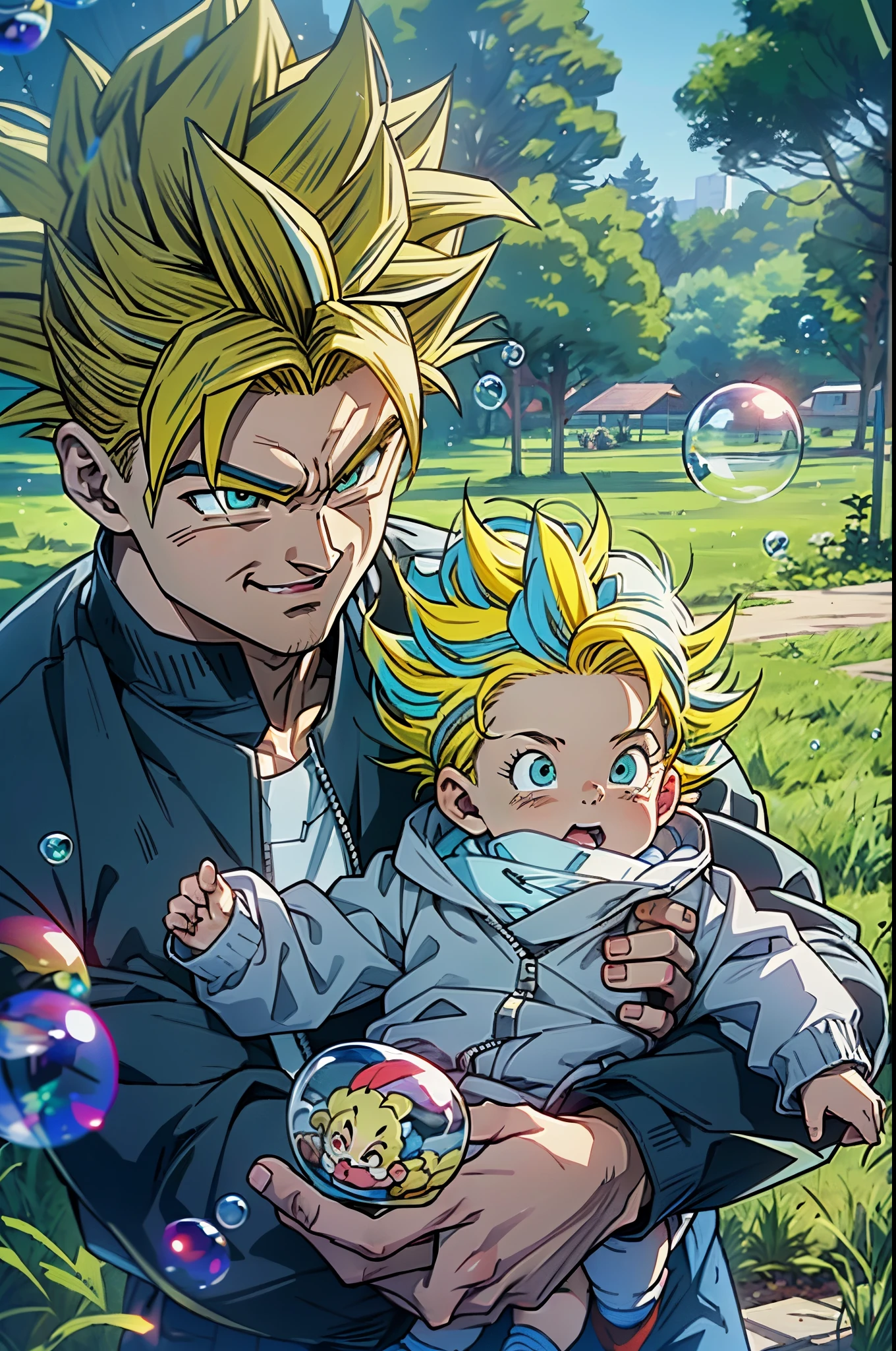araffe man holding a baby in a park with bubbles,((yellow hair:1.3)),(blond hair:1.3),2D,Comic style, comics, dragonball,Son Goku,quadratic element,shoun,head portrait,super saiyan, goku, super saiyan, dragon ball concept art, dragon ball artstyle,4k, manga wallpaper,