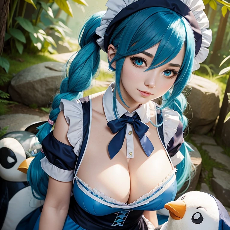 Adult woman, League of legends character Sona hugging a stuffed penguin, long blue hair, pigtails, maid hat, maid apron, Big chest, Clivage, alluring look, blushing, somewhere in nature, outside