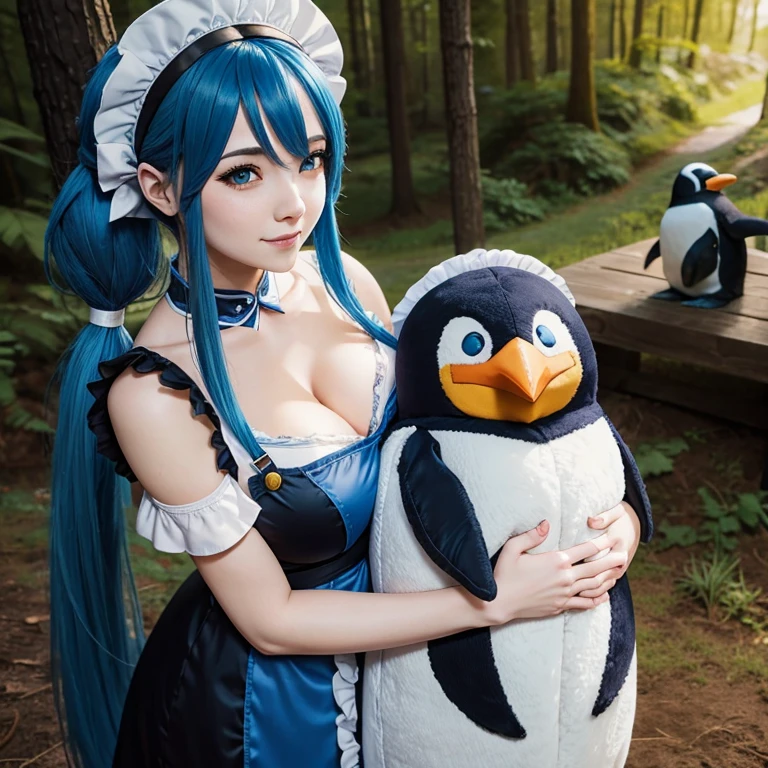 Adult woman, League of legends character Sona hugging a stuffed penguin, long blue hair, pigtails, maid hat, maid apron, Big chest, Clivage, alluring look, blushing, somewhere in nature, outside
