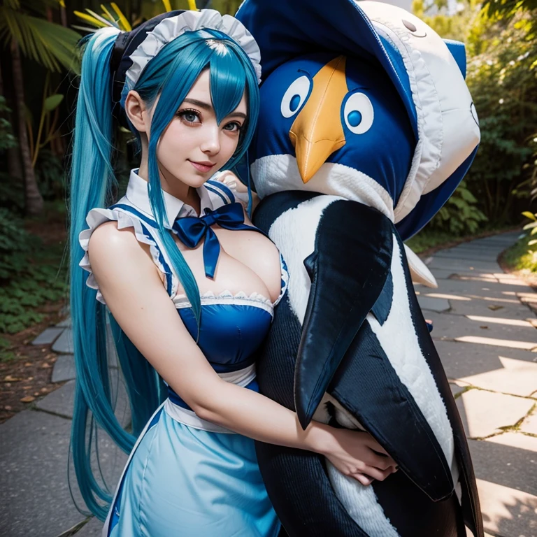 Adult woman, League of legends character Sona hugging a stuffed penguin, long blue hair, pigtails, maid hat, maid apron, Big chest, Clivage, alluring look, blushing, somewhere in nature, outside