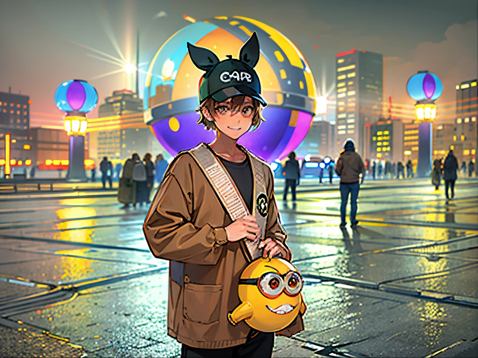 There is a man standing in front of a huge ball,  in front of a sci fi cityscape, brown clothes，With eyes，With a smile，The face shape is perfect，and a minion, Wearing Toothless hat, 8K