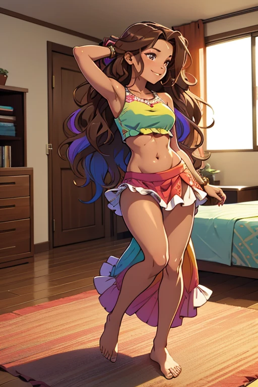 A beautiful barefoot woman, happy, brown wavy hair, wearing a croptop and a long frilly colorful skirt, in a modern room.