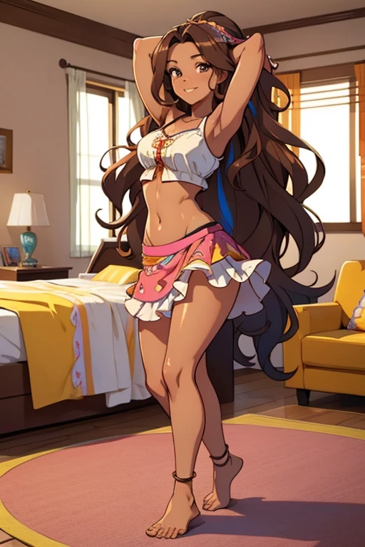 A beautiful barefoot woman, happy, brown wavy hair, wearing a croptop and a long frilly colorful skirt, in a modern room.