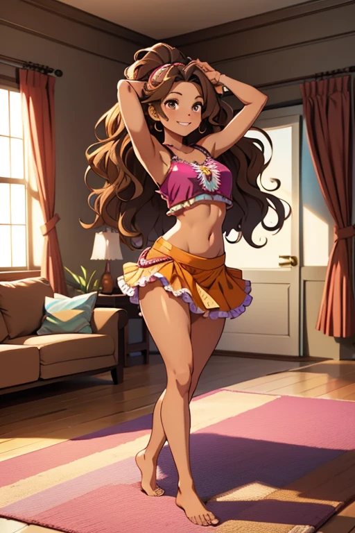 A beautiful barefoot woman, happy, brown wavy hair, wearing a croptop and a long frilly colorful skirt, in a modern room.