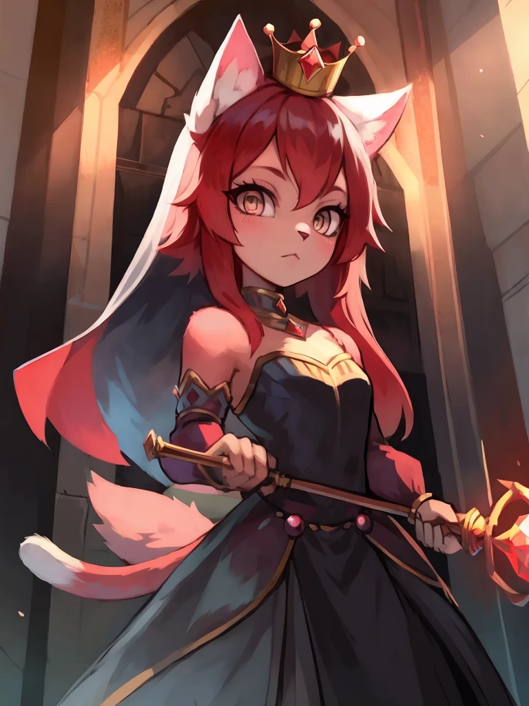 Furry,cat girl,red fur,silver eyes,Single tail,long detailed red hair, female, short, queen dress, holding a scepter, wearing a luxurious crown,