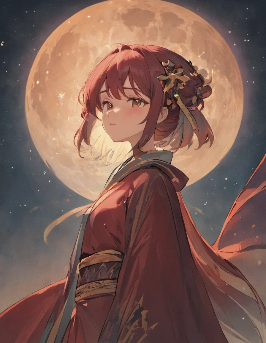 （absurderes，A high resolution，ultra - detailed）， 1 man， AS-Adult， A man from the Tang Dynasty in China，Wearing a black square-winged gauze hat，miss the sad look，Holding a glowing moon in hand，Blurred image of a girl&#39;s face illuminated by the moon。The night sky is filled with countless twinkling stars。The background is red bamboo shadow，The air is filled with mysterious mist。 Iconography， Pop， Artistically， Alfonse Mucha
