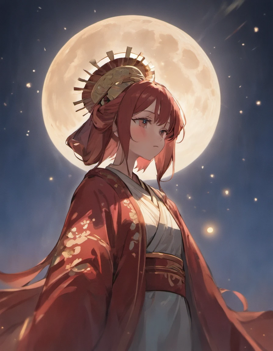 (absurderes,A high resolution,ultra - detailed), 1 man, AS-Adult, A man from the Tang Dynasty in China,Wearing a black square-winged gauze hat,miss the sad look,Holding a glowing moon in hand,Blurred image of a girl's face illuminated by the moon。The night sky is filled with countless twinkling stars。The background is red bamboo shadow,The air is filled with mysterious mist。 Iconography, Pop, Artistically, Alfonse Mucha