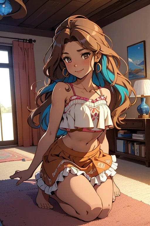A beautiful barefoot woman, happy, brown wavy hair, wearing a croptop and a knee--long frilly colorful skirt, in a modern room.