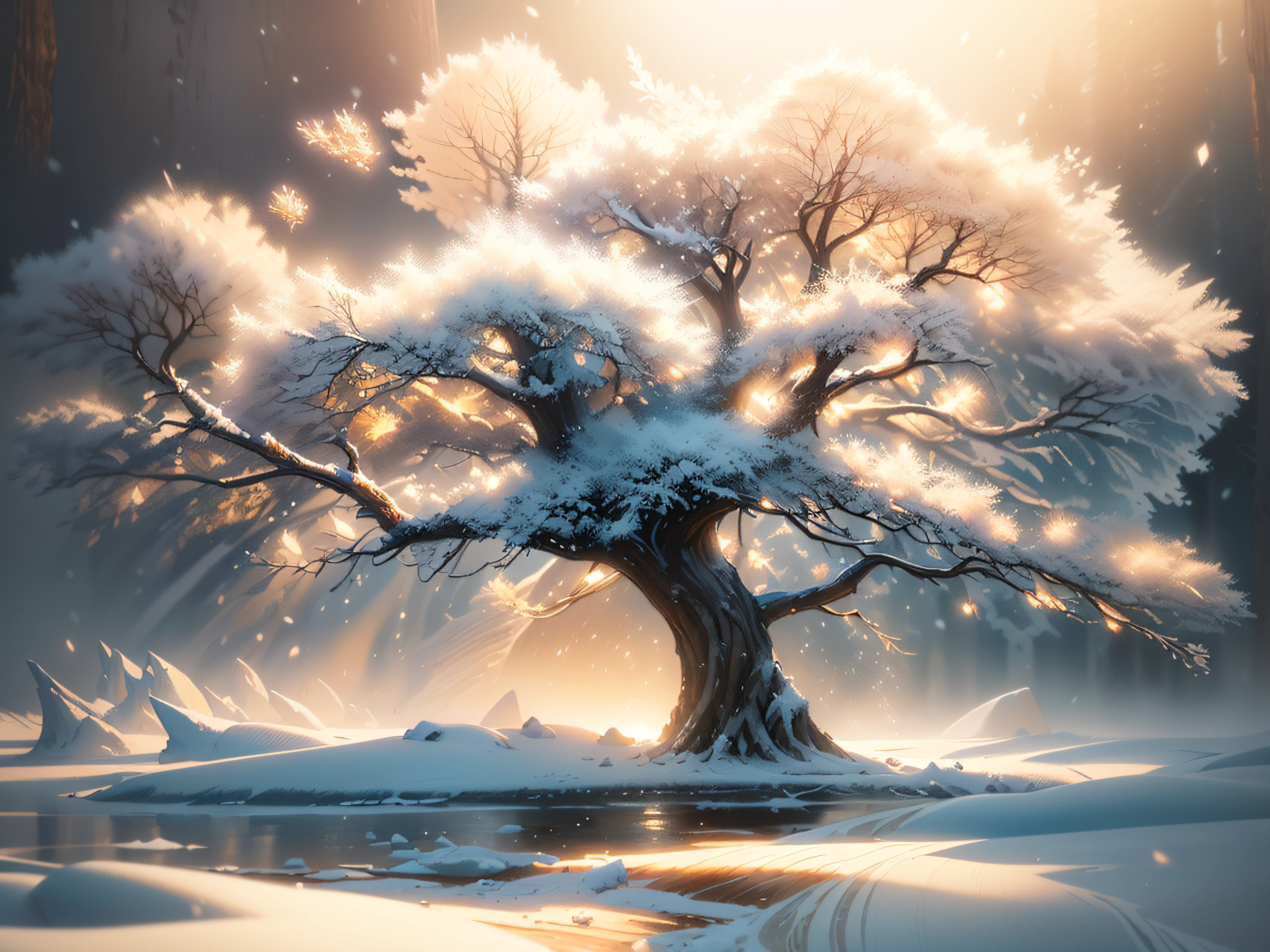(((masterpiece))), High quality, Extremely detailed, (Giant wood:1.2), Yggdrasil, (Diamond Dust:1.2), (rhyme:1.2), (Particle:1.2), morning, (ice forest landscape:1.2), Snow, Ice, Winters, Foggy, superfine illustration, (((water painting))), realphoto, line-drawing, Approaching perfection, Insanely detailed, Concept art, epicd, Cinematic