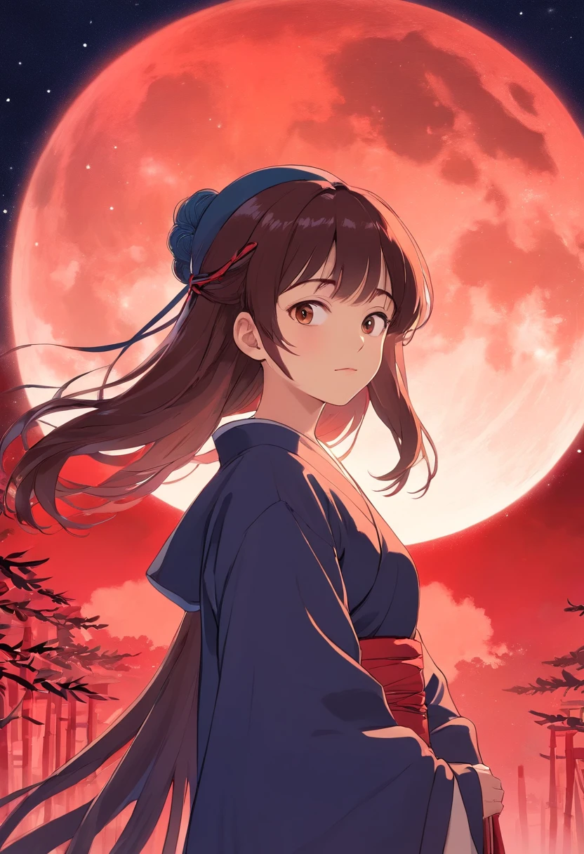 (absurderes,A high resolution,ultra - detailed), 1 man, AS-Adult, A man from the Tang Dynasty in China,Wearing a black square-winged gauze hat,miss the sad look,Holding a glowing moon in hand,Blurred image of a girl's face illuminated by the moon。The night sky is filled with countless twinkling stars。The background is red bamboo shadow,The air is filled with mysterious mist。 Iconography, Pop, Artistically, Alfonse Mucha