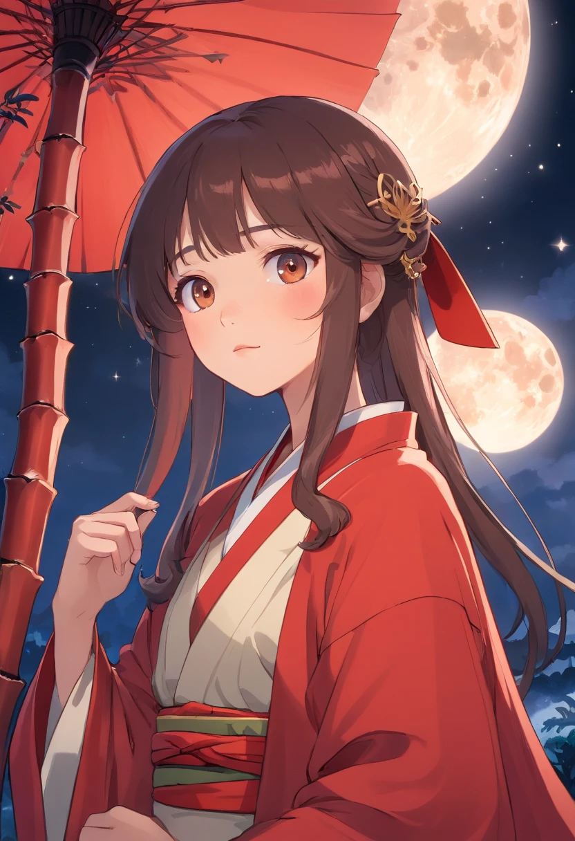 (absurderes,A high resolution,ultra - detailed), 1 man, AS-Adult, A man from the Tang Dynasty in China,Wearing a black square-winged gauze hat,miss the sad look,Holding a glowing moon in hand,Blurred image of a girl's face illuminated by the moon。The night sky is filled with countless twinkling stars。The background is red bamboo shadow,The air is filled with mysterious mist。 Iconography, Pop, Artistically, Alfonse Mucha