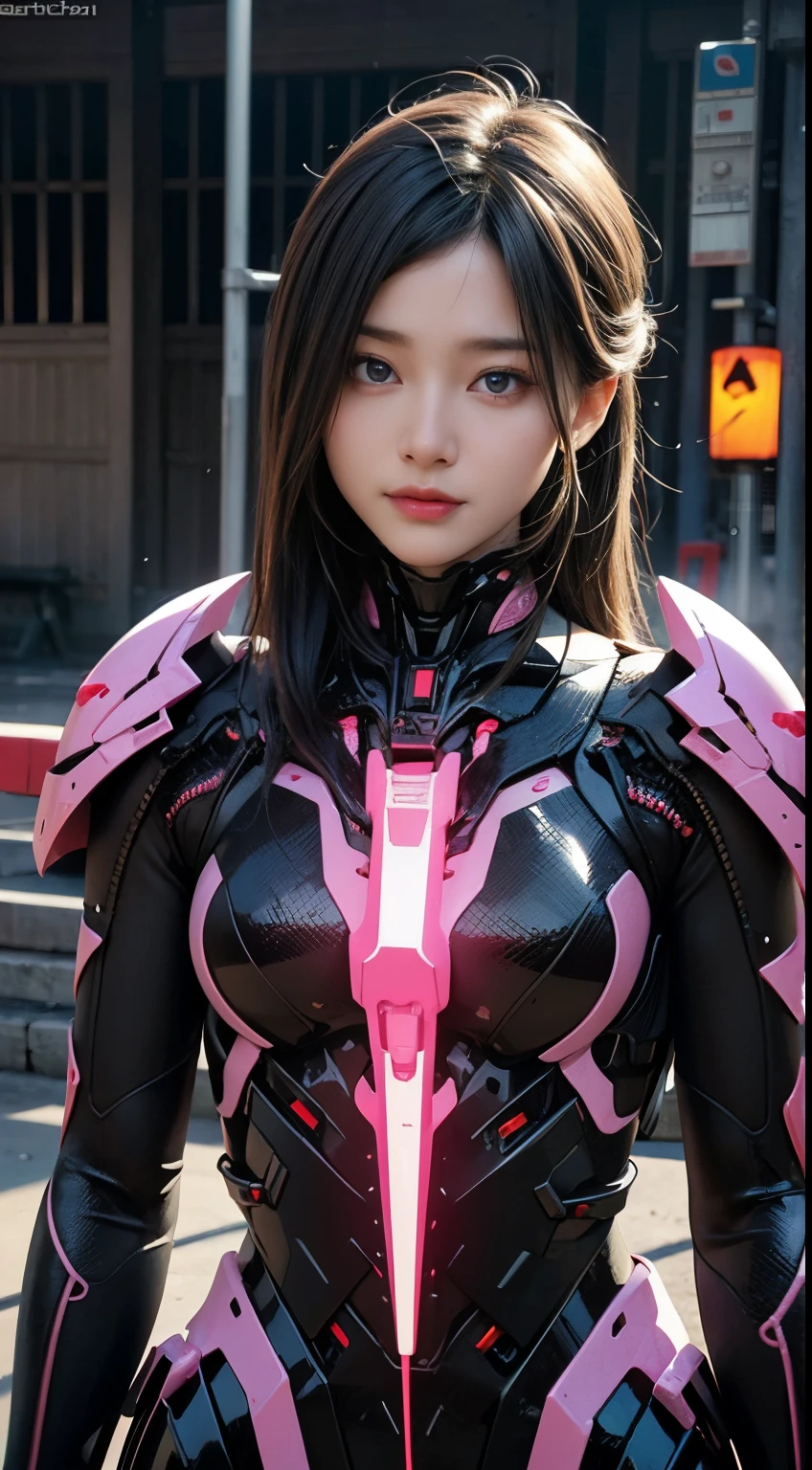 Top Quality, Masterpiece, Ultra High Resolution, (Photorealistic: 1.4), Raw Photo, 1 Girl, Black Hair, Glossy Skin, 1 Mechanical Girl, (Ultra Realistic Detail)), Portrait, Global Illumination, Shadows, Octane Rendering, 8K, Ultra Sharp, Big, Cleavage Exposed Raw Skin, Metal, Intricate Ornament Details, Japan Details, Very intricate details, realistic light, CGSoation trend, purple eyes, glowing eyes, facing the camera, neon details, mechanical limbs, blood vessels connected to the tube, mechanical vertebrae attached to the back, mechanical cervical attachment to the neck, sitting, wires and cables connecting to the head, gundam, small LED lamps,