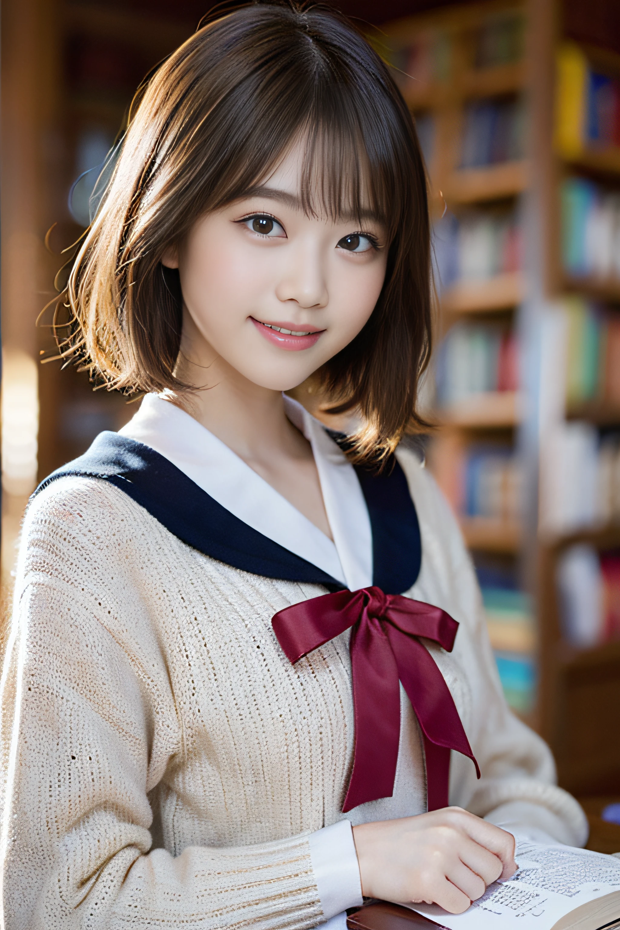 (8K、Raw photography、top-quality、masterpiece:1.2)、(realisitic、Photorealsitic:1.37)、ultra-detailliert、超A high resolution、女の子1人、see the beholder、beautifull detailed face、A smile、Constriction、(Slim waist) :1.3)、Beautiful detailed skin、Skin Texture、Floating hair、Professional Lighting、Whole human body、a blond、japanese hight school uniform、a sailor suit、matriculation、short-cut、Bob Hair、E-cup、Happy smile、sixteen years old、Red ribbons、a baby face、Childish smile、Suppin、Moisturizing lips、Thin pink lips、atlibrary、Lots of books