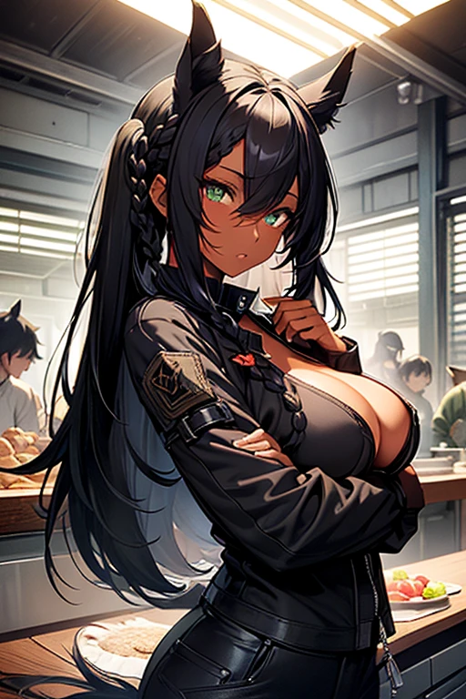 nsfw、masterpiece、best quality、super detailed skin、30 years old、1catgirl、jadegreen eyes、skin/(dark skin)、horse ears、horse tail、(horse\(tail\))fluffy horse tail at tailbone、hair/(braided side pigtails)、flipped hair、midnight black hair、cleavage、torn laced leather top、permissive、torn hotpants