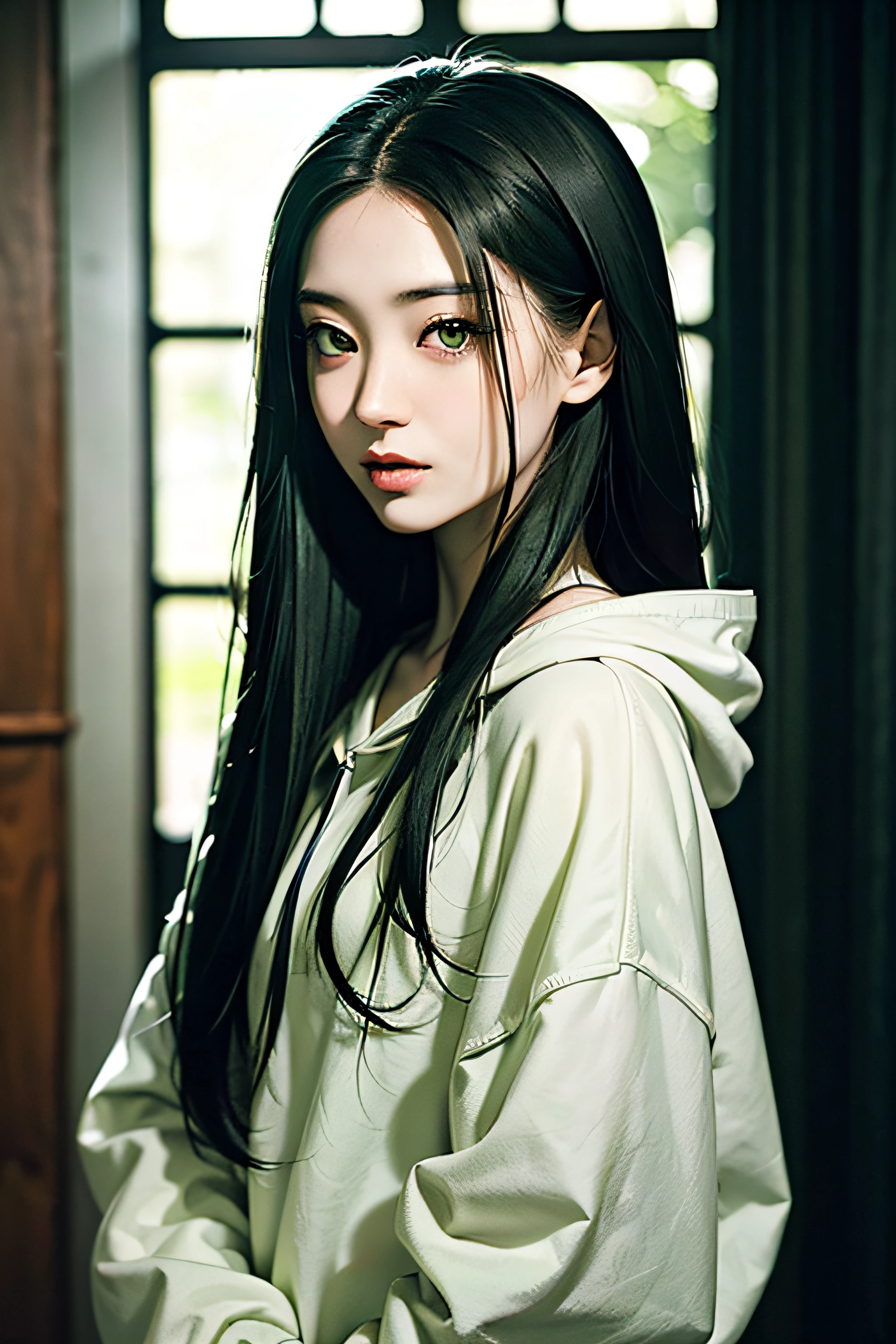 a young goth and beautiful Asian woman with long black hair that cascades down her shoulders, framing her pale, delicate features. Her light green eyes have an ethereal quality., refletindo um mundo interior profundo e complexo. Ela muitas vezes se veste com roupas largas, like black hoodies and sweatpants.