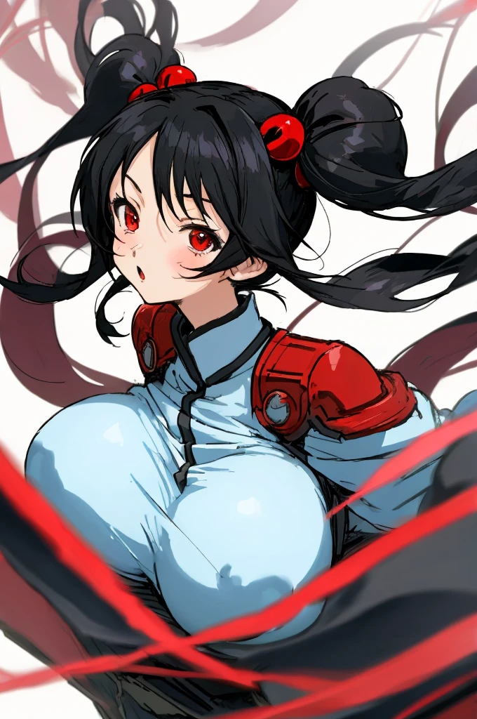 ((Anime style)),Black hair twintails,Red Eyes,childish,So Huge Breasts,
