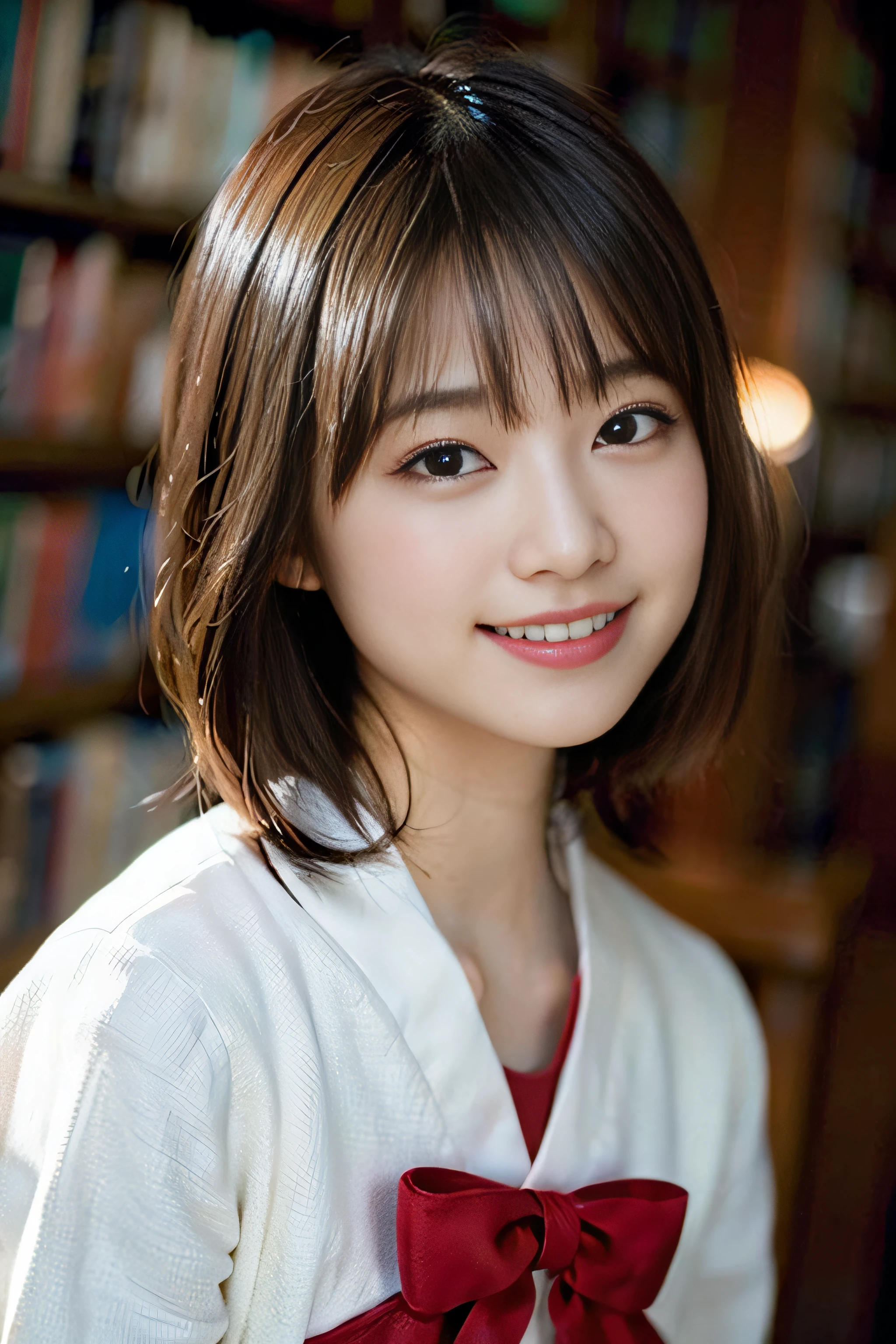 (8K、Raw photography、top-quality、masterpiece:1.2)、(realisitic、Photorealsitic:1.37)、ultra-detailliert、超A high resolution、女の子1人、see the beholder、beautifull detailed face、A smile、Constriction、(Slim waist) :1.3)、Beautiful detailed skin、Skin Texture、Floating hair、Professional Lighting、Whole human body、a blond、japanese hight school uniform、a sailor suit、matriculation、short-cut、Bob Hair、E-cup、Happy smile、sixteen years old、Red ribbons、a baby face、Childish smile、Suppin、Moisturizing lips、Thin pink lips、atlibrary、Lots of books