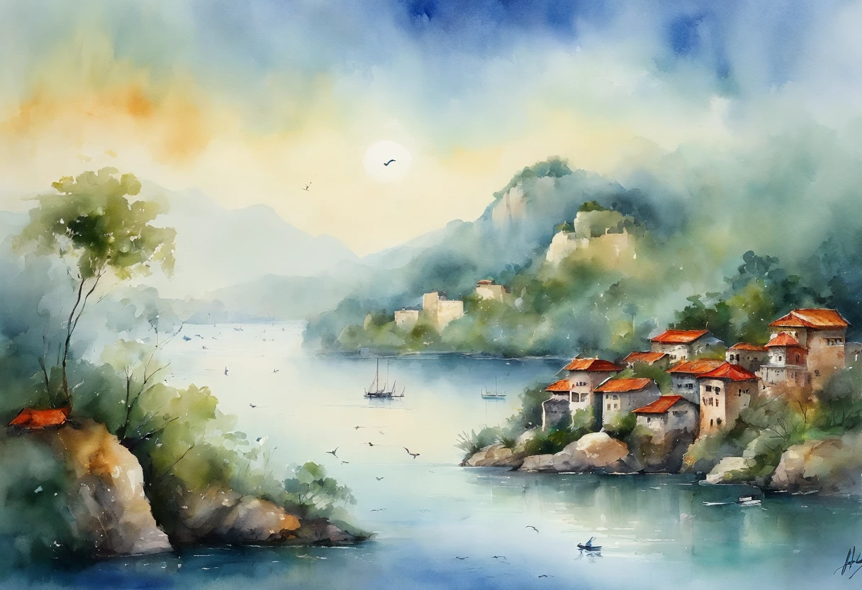 The image shows a tranquil seaside scene。There is a small island in the middle of the bay，The island is covered with green vegetation。The water is a tranquil lake blue，Contrast with the darker blue in the sky。Behind the island is a group of buildings，Wide range of colors，May be residential area or resort。High in the air，A bird spreads its wings and flies，Added a sense of vitality。Overall，This image conveys a calm and harmonious atmosphere，It is a place that may be suitable for leisure vacation。