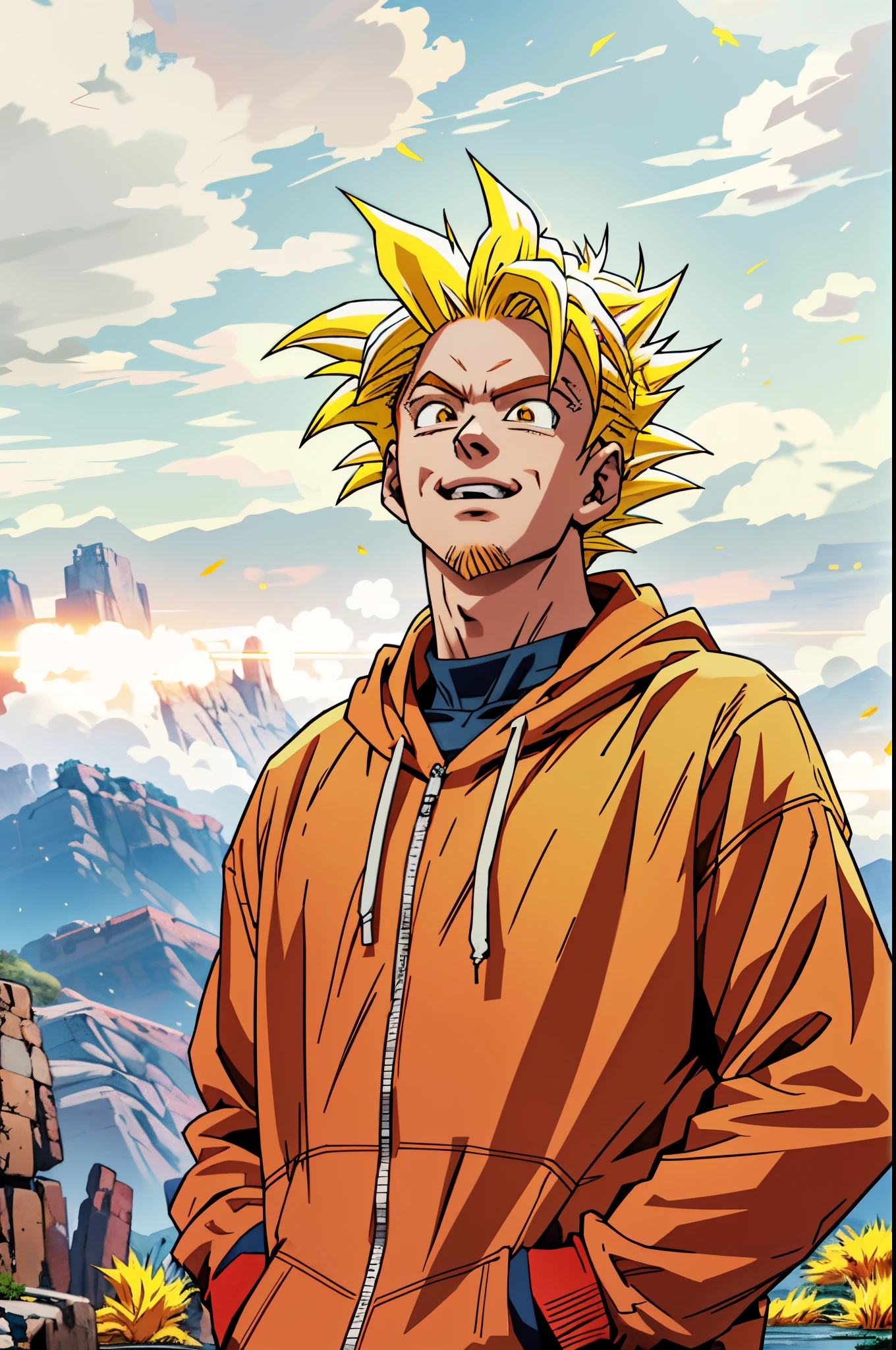 arafed man in a red hoodie standing in front of a mountain,light stubble,super saiyan,(blond hair:1.5), ((yellow hair:1.5)),super saiyan goku, super sayan, super sayian goku, super saiyan 3, going super saiyan, dragon ball concept art, dragon ball artstyle, 4 k manga wallpaper, goku from dragon ball, an epic anime of a energy man, 4k anime wallpaper,smile,