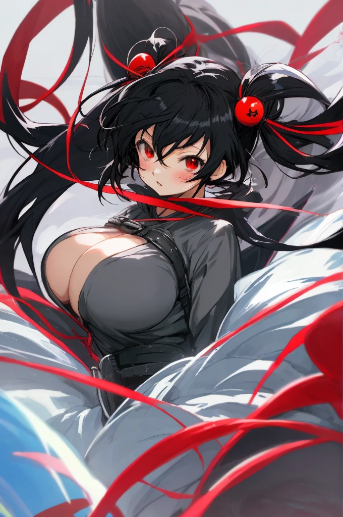 ((Anime style))，Black hair twintails，Red Eyes，childish，So Huge Breasts，