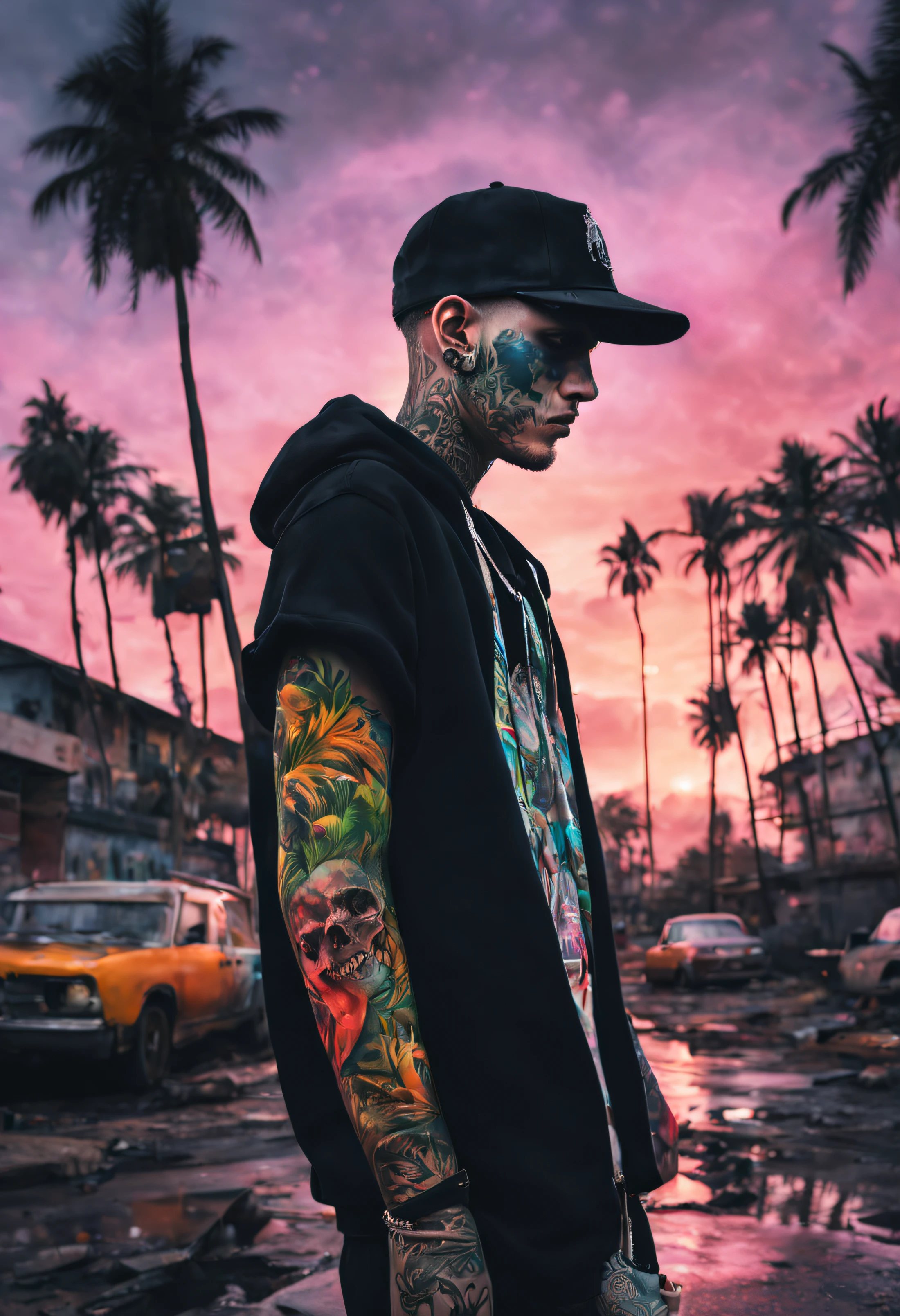 best quality,realistic,artistic,portrait,lil peep in dead island,colorful,haunting,crystal clear water,abandoned buildings,moody lighting,palm trees,hip-hop culture,captivating,gloomy atmosphere,expressive face,graffiti art,detailed tattoos,urban decay,vivid colors,emotional lyrics,beachside landscape,swaying seagrass,sunset backdrop,loneliness,raw emotions,sad lyrics,edgy fashion style,rainy weather,gentle waves crashing,ominous clouds,glowing neon lights,urban jungle,waves of emotions,desolate streets,skulls and skeletons,mournful melodies,street art,mysterious shadows