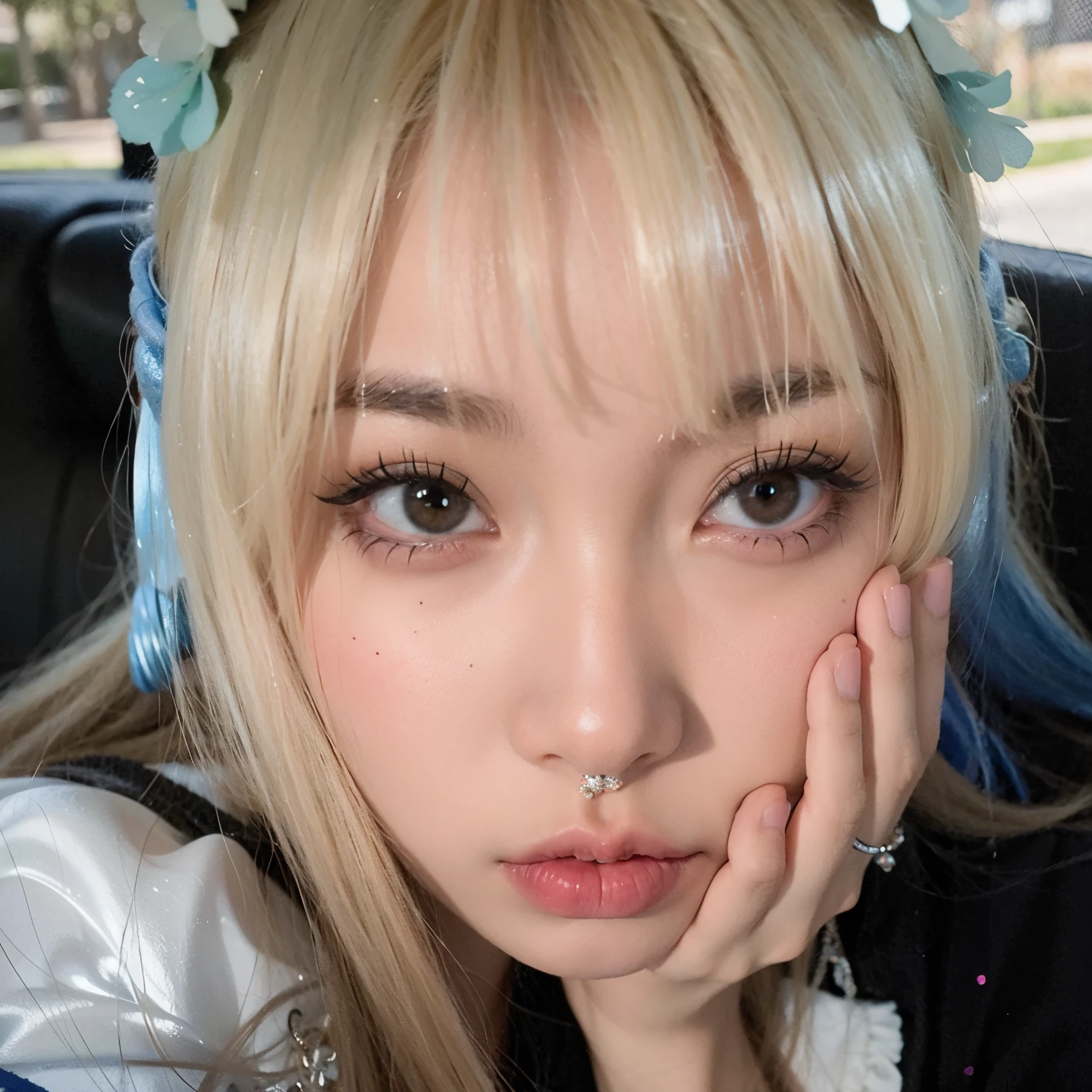 Chica de pelo rubio con piercings y una diadema azul posando para una foto., Lalisa Manobal, Shikamimi, Parque Roseanne de Blackpink, Lalisa Manoban de Blackpink, Chica de anime en la vida real, flequillo blanco, vibraciones de anime, Ella tiene una linda cara expresiva, El Corte Hime, Hermosa Delphine, Cara de Ahegao, Ella tiene una cara linda
