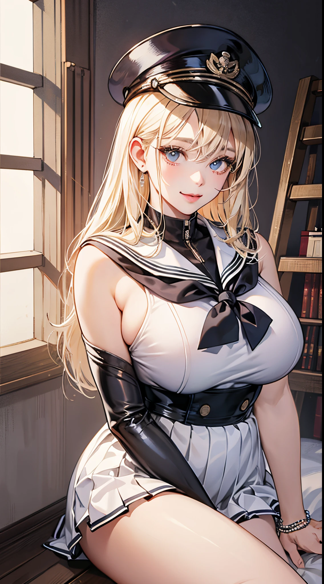 top-quality、realistic touch,high-detail、photoRealstic、Long body、skirts that are too short、Sleeveless、captive beauty、big eye、Big breasts that are about to fall out of your clothes、Strong platinum blonde eyelashes、platinum-blonde、Beautie、A sexy、full body Esbian、Sparkling eyes、Submissive smile、Flushed cheeks、Kamimei、thin-waist、Voluptuous thighs、Enraptured look、Raked bangs、The forehead is protruding、 latex clothes、a sailor suit