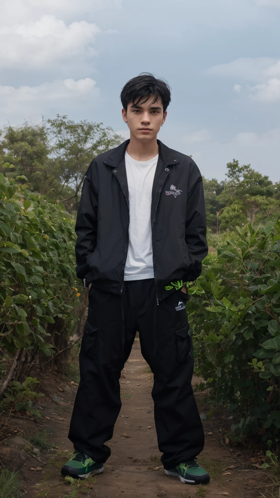 Generate too cartoon, 1boy, 20y.o, Natural face, short hair, Black hair, Black Jacket, Waite t-Shirt, Black Pants, Green shoes, Generate too Cartoon, Ultra detail, 8k Resolution