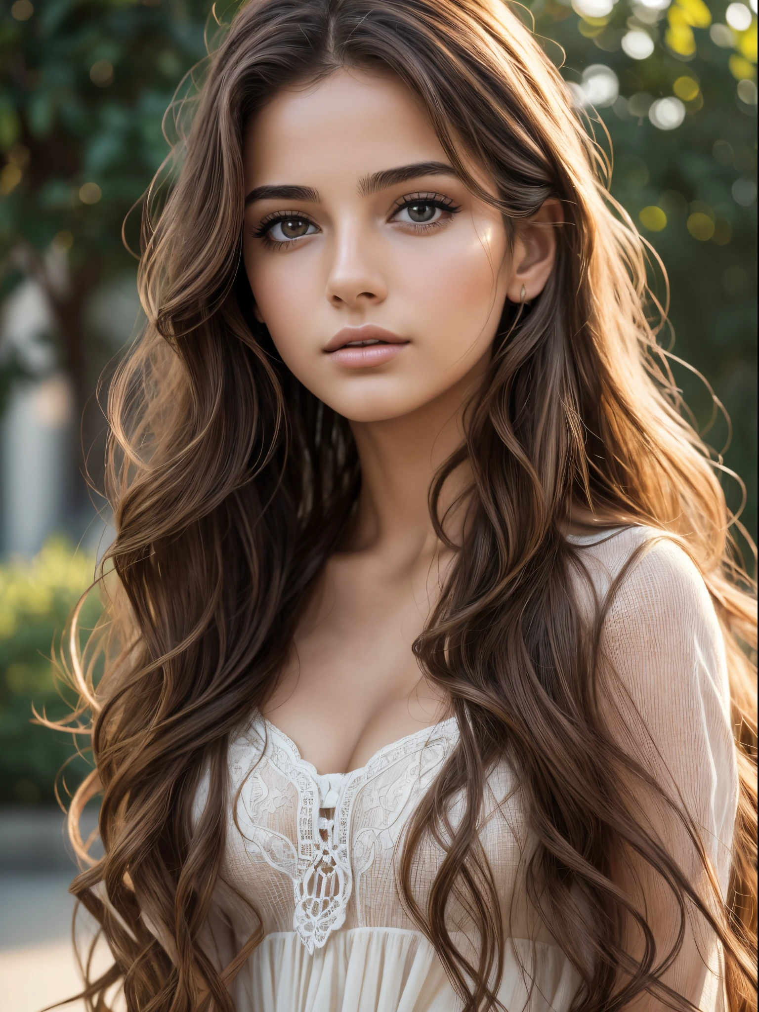 (best quality,4k,8k,highres,masterpiece:1.2),ultra-detailed,realistic,photorealistic:1.37, portrait, beautiful detailed eyes, beautiful detailed lips, celebrity makeup, extremely detailed face, long eyelashes, intimate view, classic oil painting, soft lighting, vibrant colors, warm tones, sensual atmosphere, 1 beautiful 21 year old Spanish girl, timid expression, wavy brown hair, flawless skin texture, gentle breeze, standing, afternoon ambiance, frontal shot, plain background, portrait shot, young Spanish girl, from Spain.