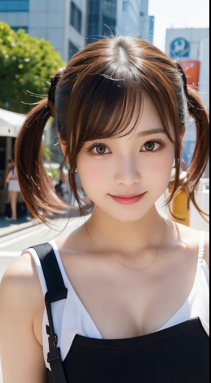 masutepiece, Best Quality, Illustration, Ultra-detailed, finely detail, hight resolution, 8K Wallpaper, Perfect dynamic composition, Beautiful detailed eyes, Women's Fashion Summer,Ponytail hair,Small breasts natural color lip, Bold sexy poses,Smile,Harajuku、20 years girl、Cute、Sexy shot looking at camera