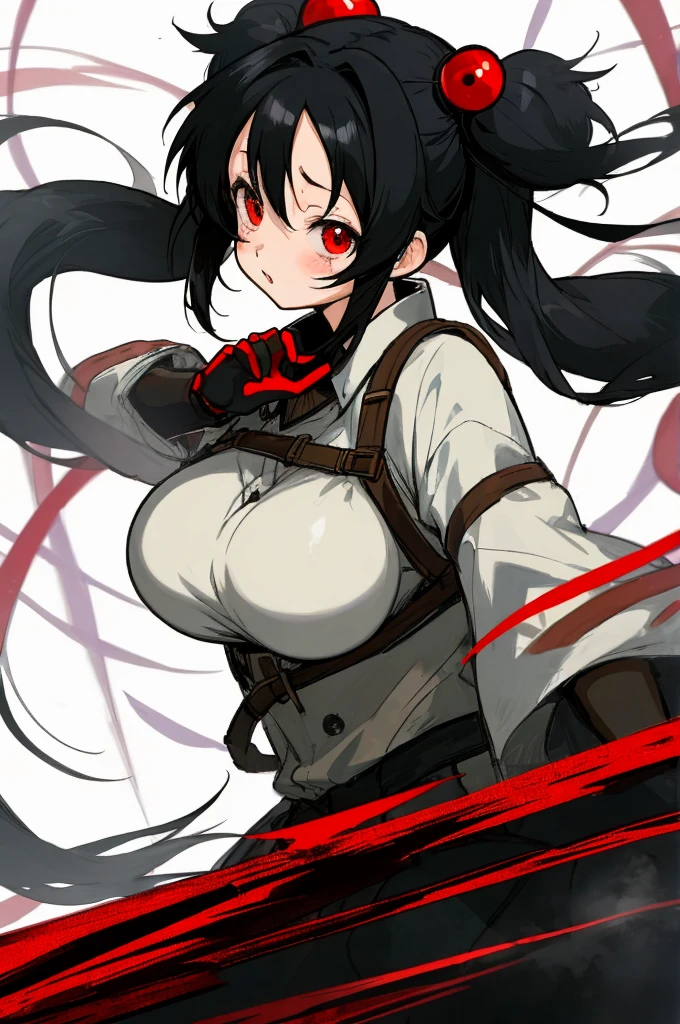 ((Anime style)),Black hair twintails,Red Eyes,childish,So Huge Breasts,