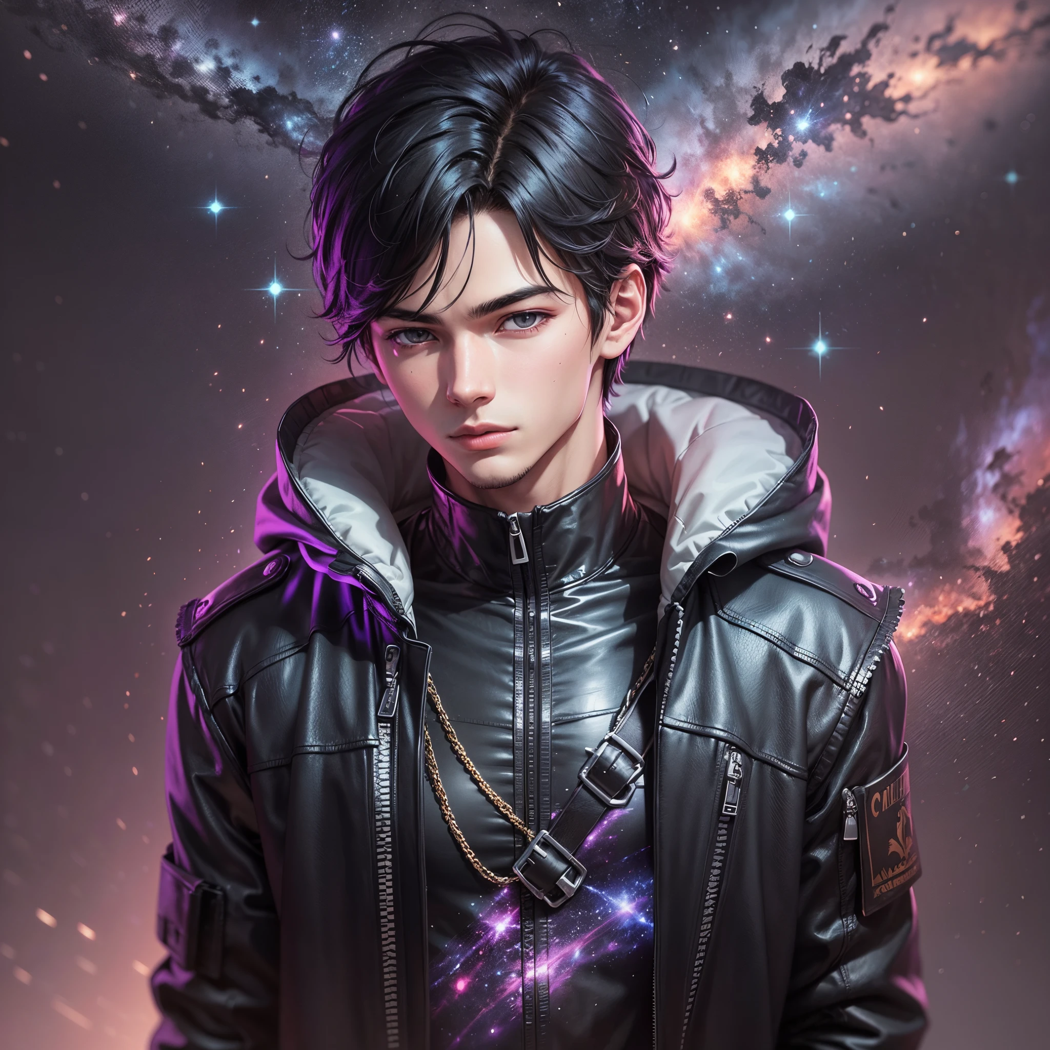 "Create an anime illustration of a young man, approximately 23 years old, with black hair, wearing black outerwear. Place him in an immersive setting with a purple background that transforms into a distant galaxy, capturing the mysterious and captivating atmosphere of the scene. " --auto --s2