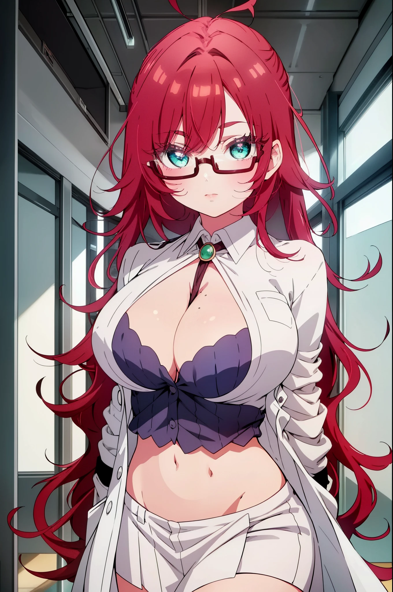 masterpiece, best quality, highres, 1girl, solo, kusuribb, large breasts, red hair, turquoise eyes, long hair, lab coat, white shirt, skirt, eyewears, full body, standing, arms behind back, cleavage, classroom