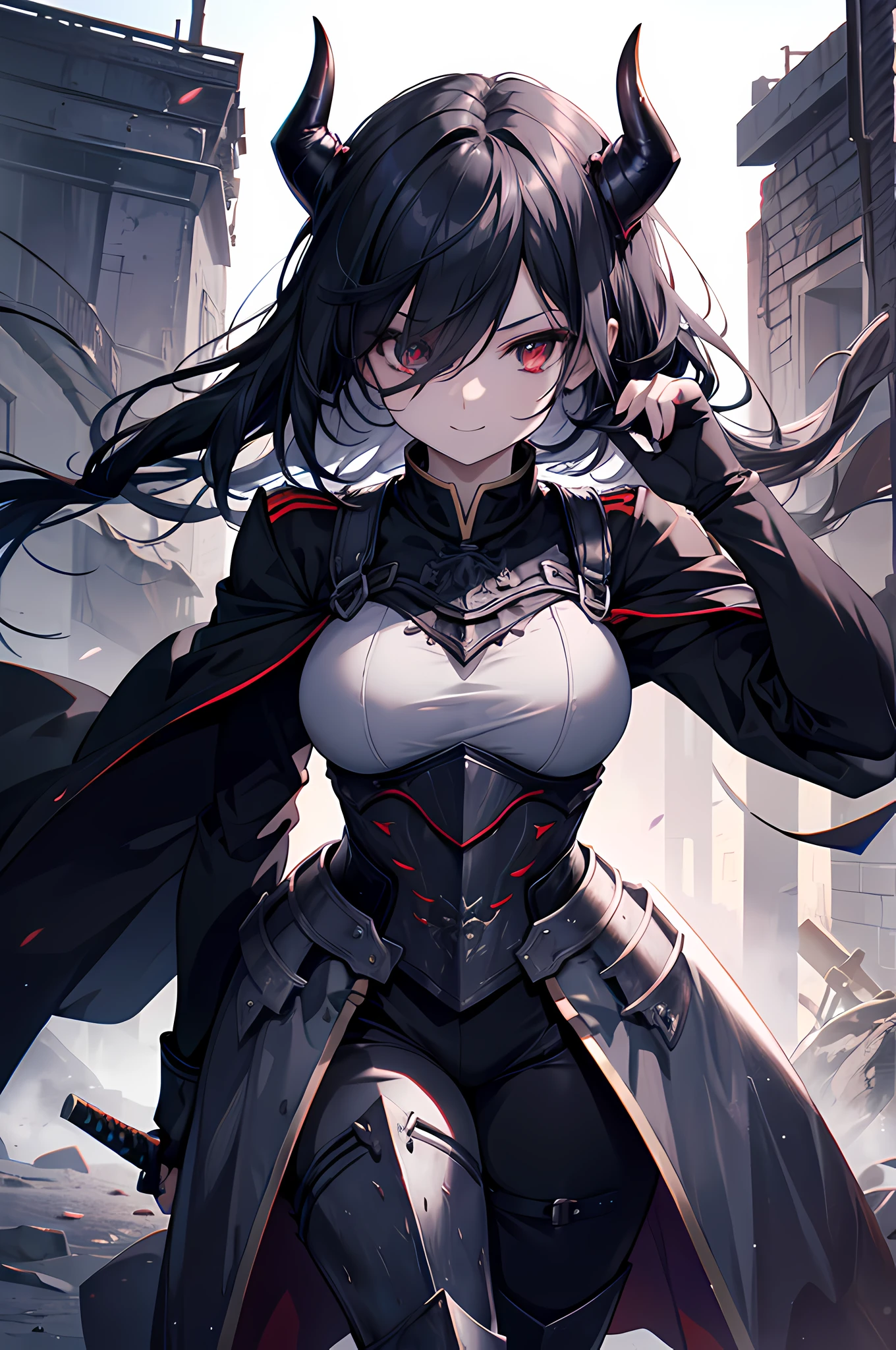 (1 demon girl), front lighting, demon horns, armored knight uniform, bring sword on her back, detailed face, walking in the middle of the world war II, black hair, glare, hair over one eyes, toothy smile, front lighting, 8k, masterpiece, ultra HD,