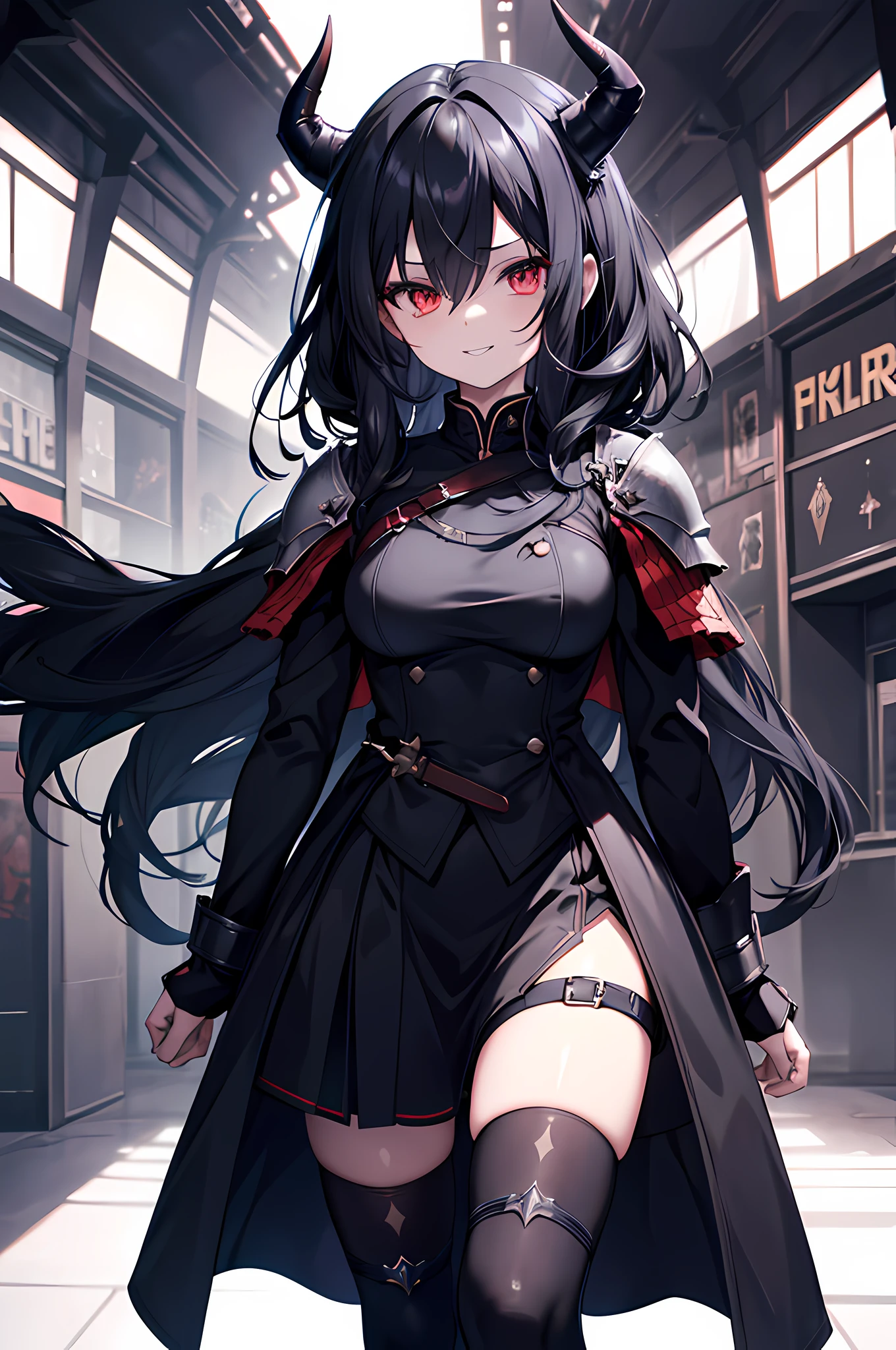 (1 demon girl), front lighting, demon horns, armored knight uniform, bring sword on her back, detailed face, walking in the middle of the world war II, black hair, glare, hair over one eyes, toothy smile, front lighting, 8k, masterpiece, ultra HD,