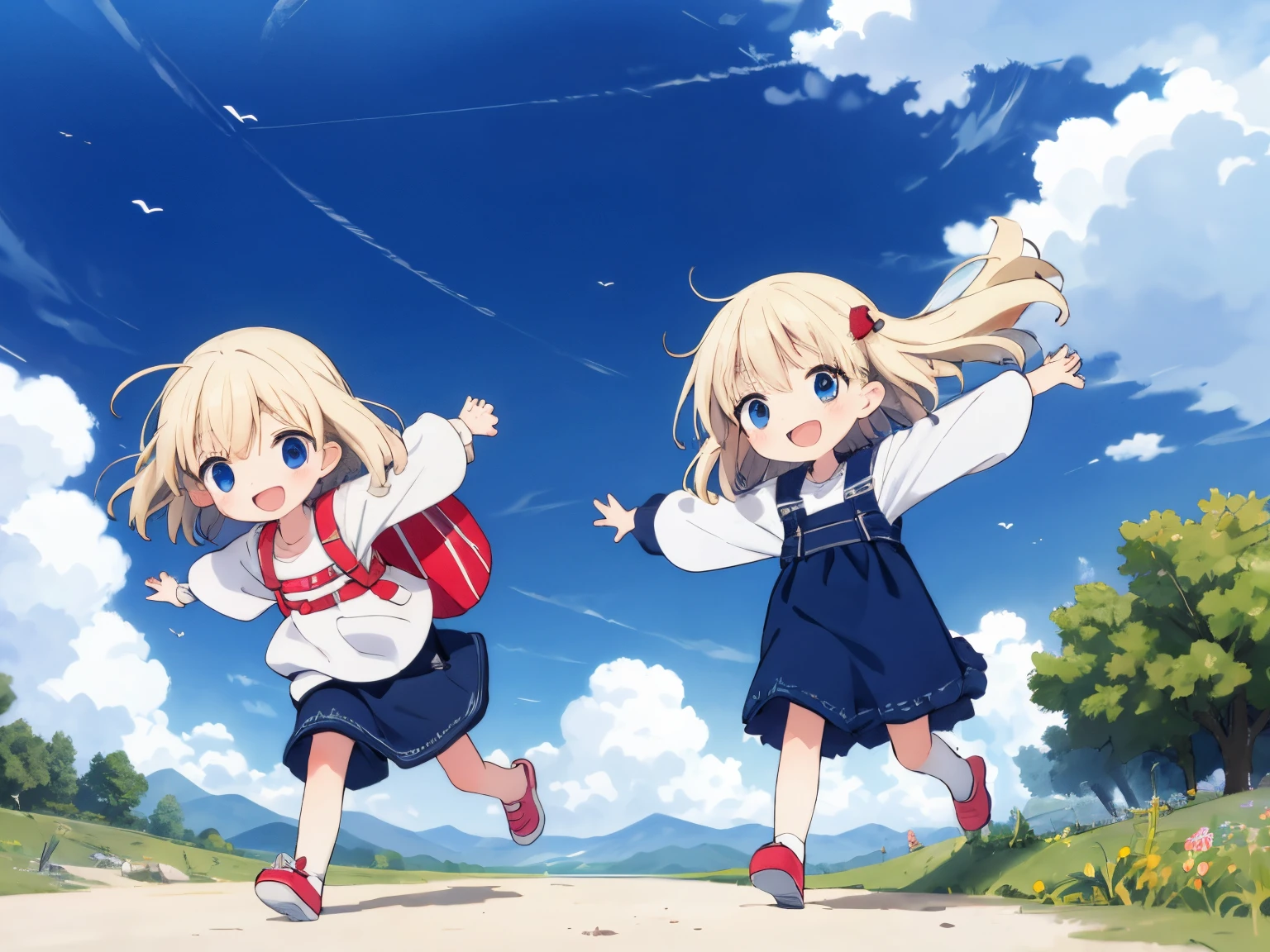 Best Quality, ultra-detailliert, kids on adventure, two children running in the sky, Gamine2In person, platinum-blonde-hair, Floating hair,Children showing smiles,from the front side, shading