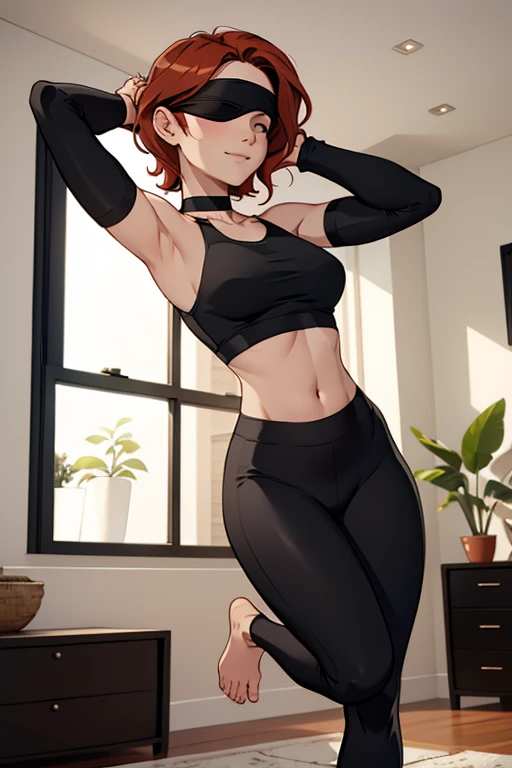 A beautiful barefoot woman, happy, short redwavy hair, wearing a blindfold, a croptop and black leggings, in a modern room.