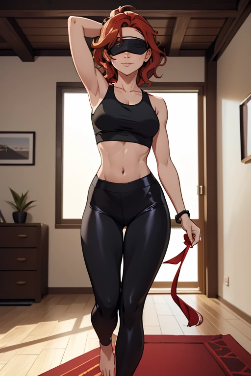 A beautiful barefoot woman, happy, short redwavy hair, wearing a blindfold, a croptop and black leggings, in a modern room.