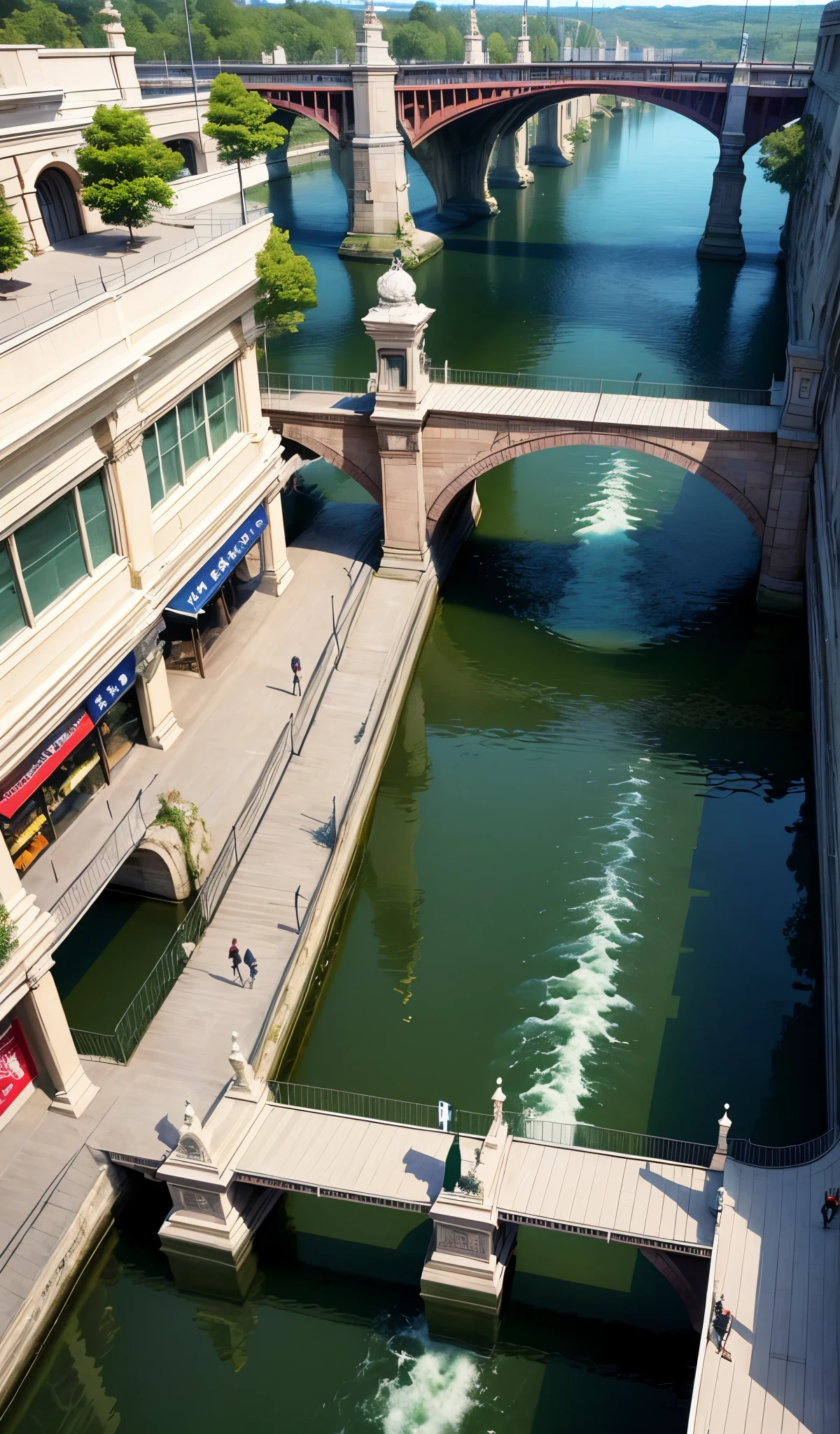 Make a shopping mall over a river in the shape of a bridge
