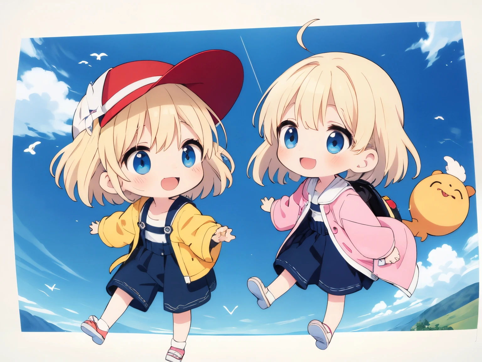 Best Quality, ultra-detailliert, kids on adventure, Two from the Kamakura period, Gamine2In person, platinum-blonde-hair, Floating hair,Children showing smiles,from the front side, shading