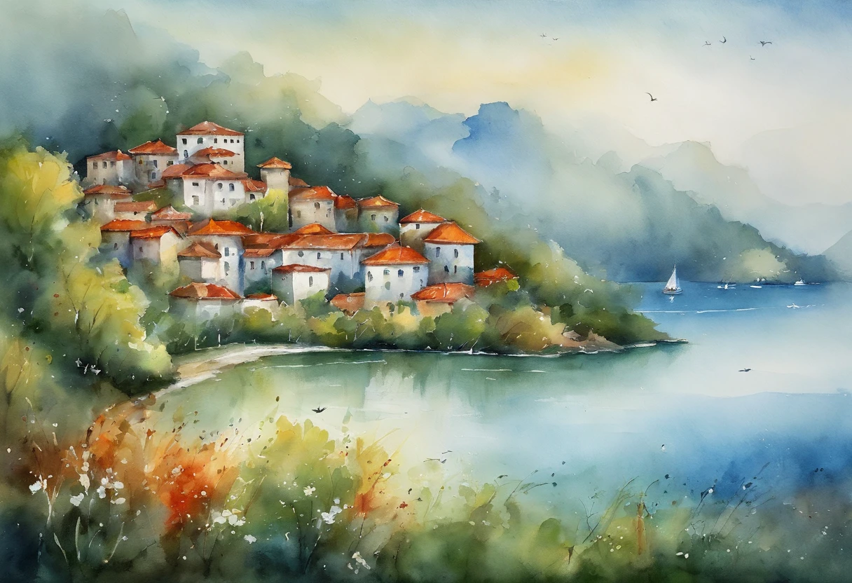 The image shows a tranquil seaside scene。There is a small island in the sea in the middle of the bay,The island is covered with green vegetation。The water is a tranquil lake blue,Contrast with the darker blue in the sky。Behind the island is a group of buildings,Wide range of colors,May be residential area or resort。High in the air,A bird spreads its wings and flies,Added a sense of vitality。Overall,This image conveys a calm and harmonious atmosphere,It is a place that may be suitable for leisure vacation。