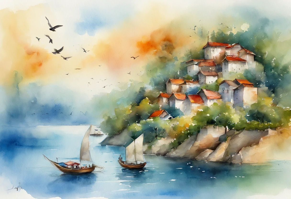 The image shows a tranquil seaside scene。There is a small island in the sea in the middle of the bay,The island is covered with green vegetation。The water is a tranquil lake blue,Contrast with the darker blue in the sky。Behind the island is a group of buildings,Wide range of colors,May be residential area or resort。High in the air,A bird spreads its wings and flies,Added a sense of vitality。Overall,This image conveys a calm and harmonious atmosphere,It is a place that may be suitable for leisure vacation。