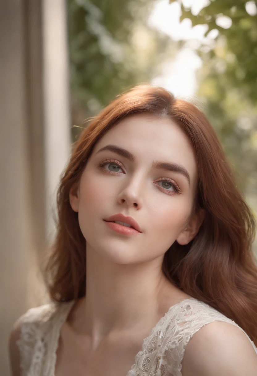 mejor calidad, obra maestra, A super realistic image, Ultra detallado, Piel con textura realista, 4k-resolution, Obro antes, profesional photography, Make a realistic image of a 20-year-old girl with straight hair and red bangs, ojos azules, Cara hermosa y dulce, con tetas medianas, usando una camiseta blanca en el autobbus.