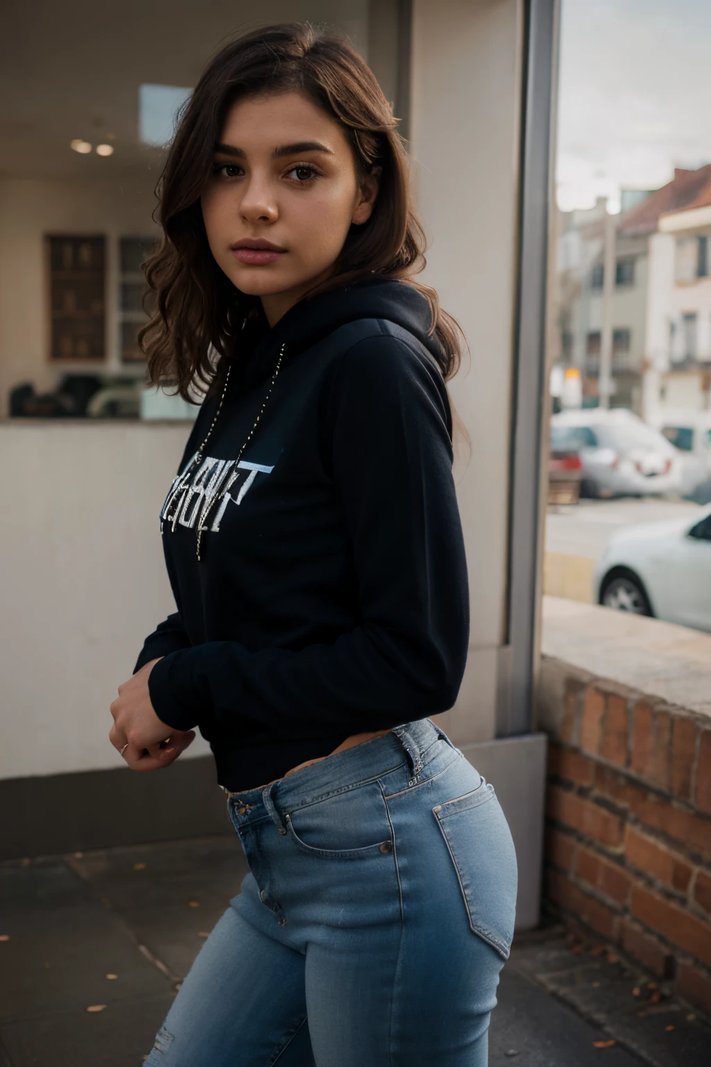 (best quality, highres, ultra-detailed), german brunette emo girl with curly hair, Black crop hoodie,blue super skinny jeans, sexy pose, laying