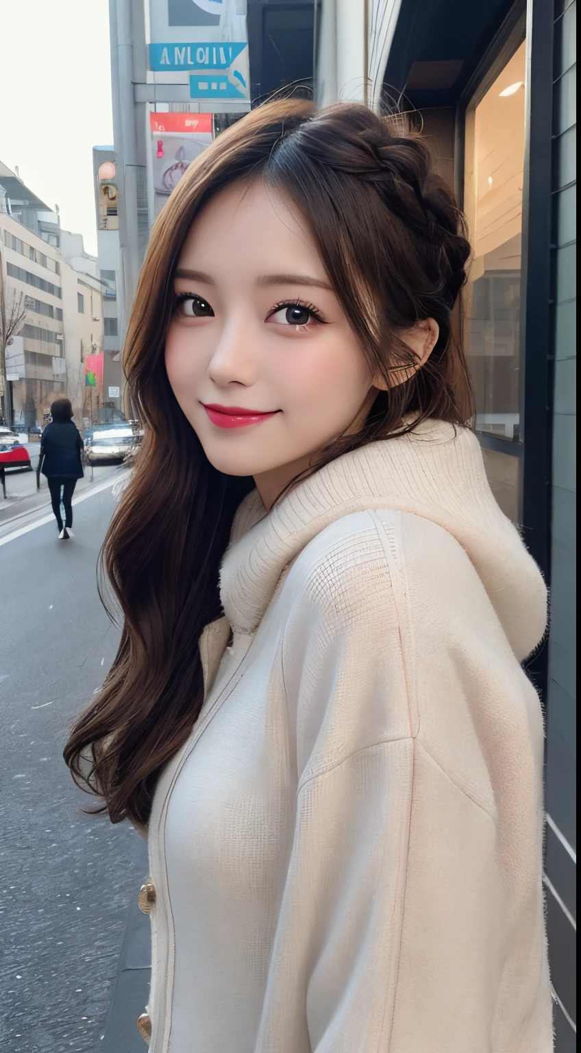 masutepiece, Best Quality, Illustration, Ultra-detailed, finely detail, hight resolution, 8K Wallpaper, Perfect dynamic composition, Beautiful detailed eyes, Casual winter clothes,Braid hair, mid-chest, Natural Color Lip, Random and sexy poses,Smile,Aoyama Street Walk、20 years girl,Blur the background