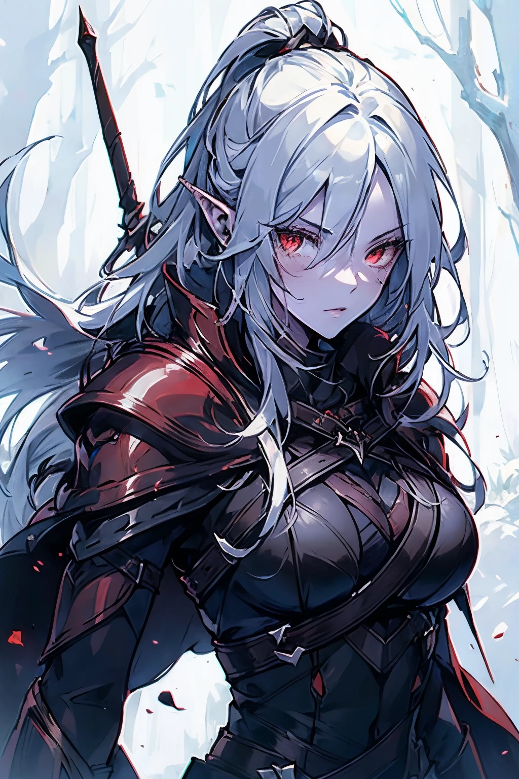 1个Giant Breast Girl, sliver long hair, Light red eyes, Leather armor, Rapier, the dark forest, sportrait, pointy ears