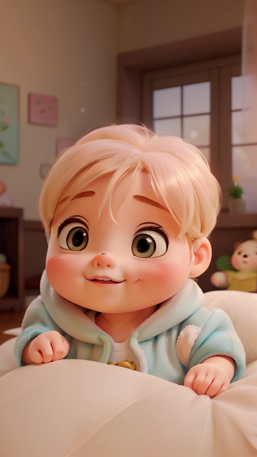 (high quality,realistic) A baby with (adorable,glistening,luminous) (cute) eyes and (plump,rosy) cheeks, with a (captivating,innocent) smile. The baby is surrounded by soft natural lighting, which enhances the (beautiful,dreamlike,angelic) atmosphere. The baby is wearing a (soft,pastel-colored) onesie, adding (warmth,tenderness) to the scene. The background consists of a (serene,tranquil) nursery, filled with (soft,pastel) colors and (comforting,warm) textures. The overall image has a (calming,gentle) tone, creating a sense of (joy,happiness) and (unconditional love,wonder).
