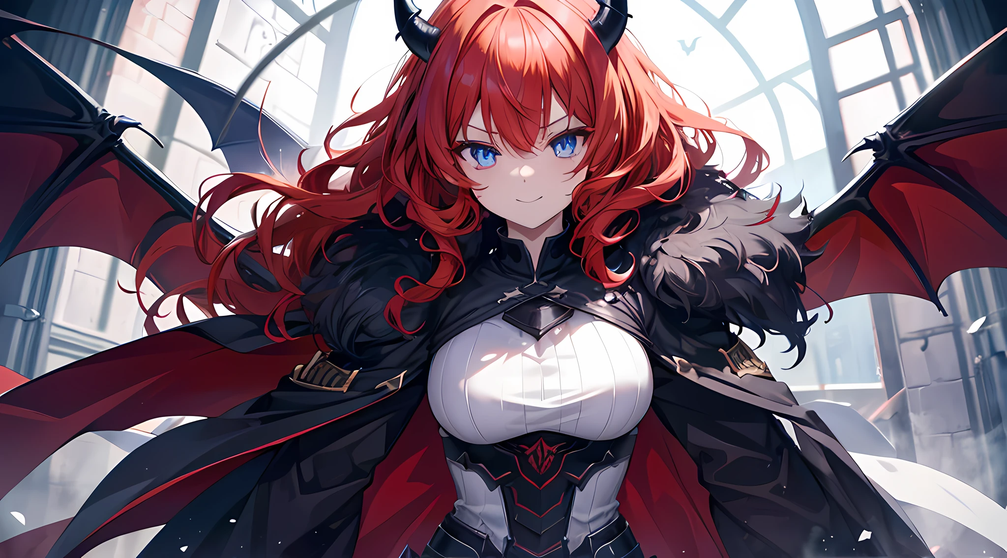 (1 demon girl), front lighting, demon horns, bat wings, armored knight uniform, bring sword on her back, detailed face, walking in the middle of the world war II, crystal blue eyes, red hair, glare, curly hair, toothy smile, front lighting, 8k, masterpiece, ultra HD,