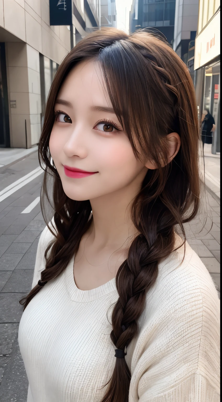 masutepiece, Best Quality, Illustration, Ultra-detailed, finely detail, hight resolution, 8K Wallpaper, Perfect dynamic composition, Beautiful detailed eyes, Casual winter clothes,Braid hair, mid-chest, Natural Color Lip, Random and sexy poses,Smile,Aoyama Street Walk、20 years girl,Blur the background