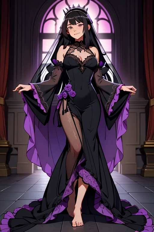 A beautiful, barefoot, woman, wearing a floor-long wide frilly poofy black lace dress with purple sleeves, a black lace veil, happy facial expression.